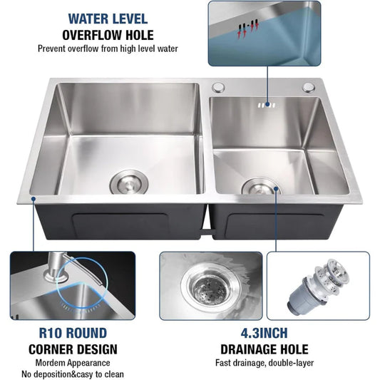 18x32 inch Handmade Kitchen Sink in Stainless Steel | Double Bowl with Basket and Drain Fitting