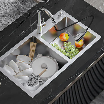 18x32 inch Handmade Kitchen Sink in Stainless Steel | Double Bowl with Basket and Drain Fitting