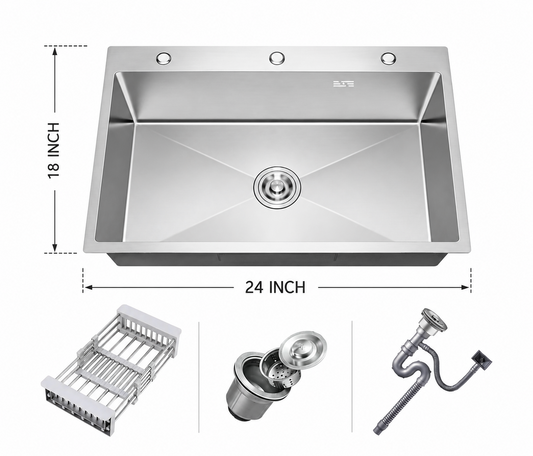 18x24 inch Handmade Kitchen Sink in Stainless Steel | Single Bowl with Basket and Drain Fitting