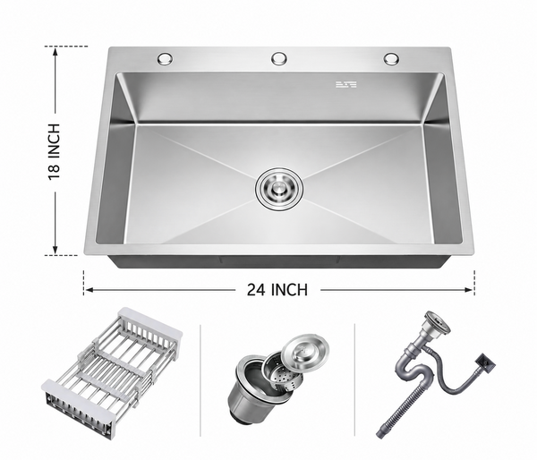 18x24 inch Handmade Kitchen Sink in Stainless Steel | Single Bowl with Basket and Drain Fitting