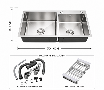 16x30 inch Handmade Kitchen Sink in Stainless Steel | Double Bowl with Basket and Drain Fitting