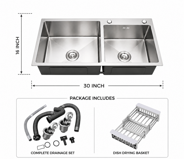 16x30 inch Handmade Kitchen Sink in Stainless Steel | Double Bowl with Basket and Drain Fitting