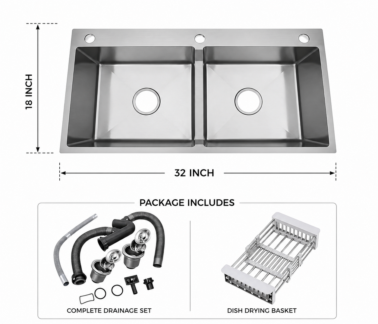 18x32 inch Handmade Kitchen Sink in Stainless Steel | Double Bowl with Basket and Drain Fitting
