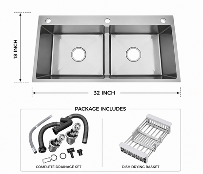 18x32 inch Handmade Kitchen Sink in Stainless Steel | Double Bowl with Basket and Drain Fitting
