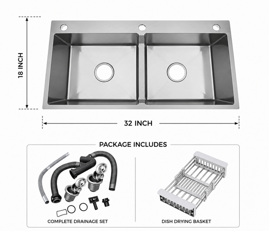 18x32 inch Handmade Kitchen Sink in Stainless Steel | Double Bowl with Basket and Drain Fitting