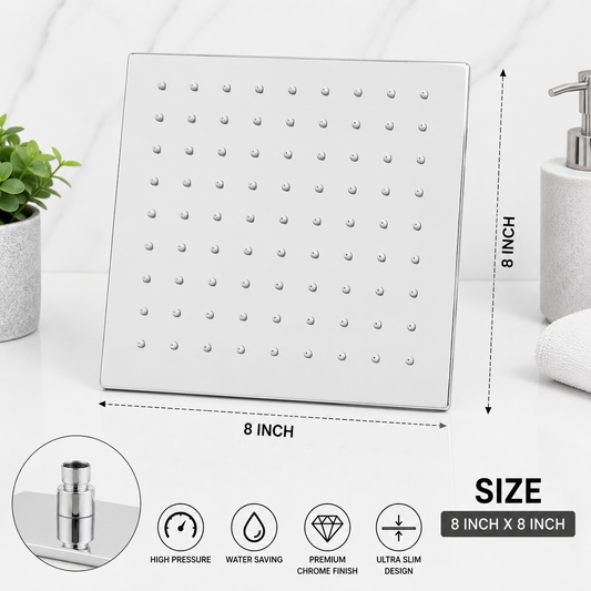 Over Head Shower | Slim Square Shower Head in 8 inch x 8 inch