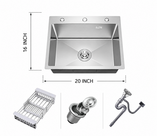 16x20 inch Handmade Kitchen Sink | Single Bowl with Basket and Drain Fitting