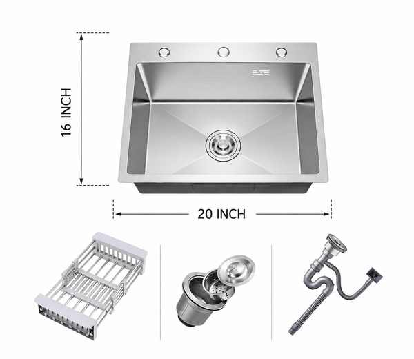 16x20 inch Handmade Kitchen Sink | Single Bowl with Basket and Drain Fitting
